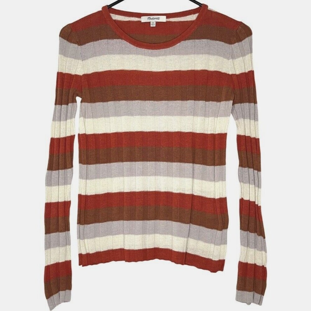 Madewell Clarkwell Sweater Womens XXS Striped Cotton Hemp Rib Knit Lettuce Hem